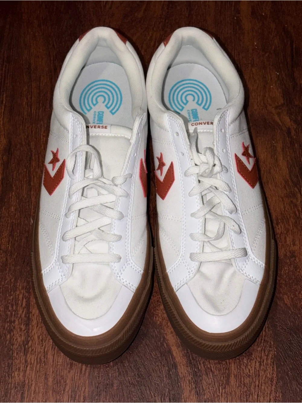 Converse White Canvas Low Top Sneakers with Brown Gum Sole and Rust Accents